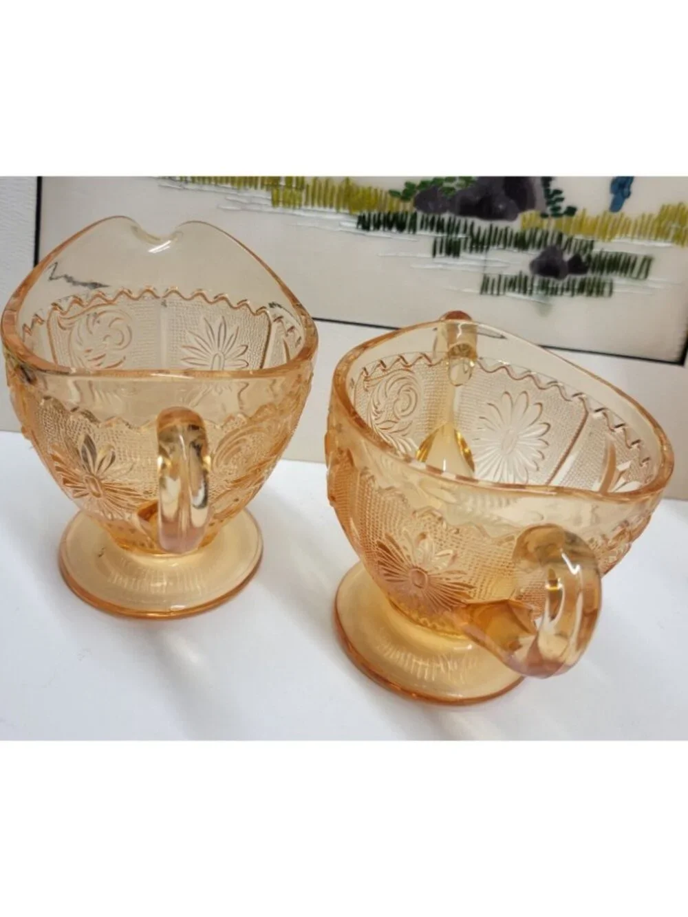 Westmoreland Glass Princess Feather Amber Golden Sunset Sugar Bowl & Creamer Set